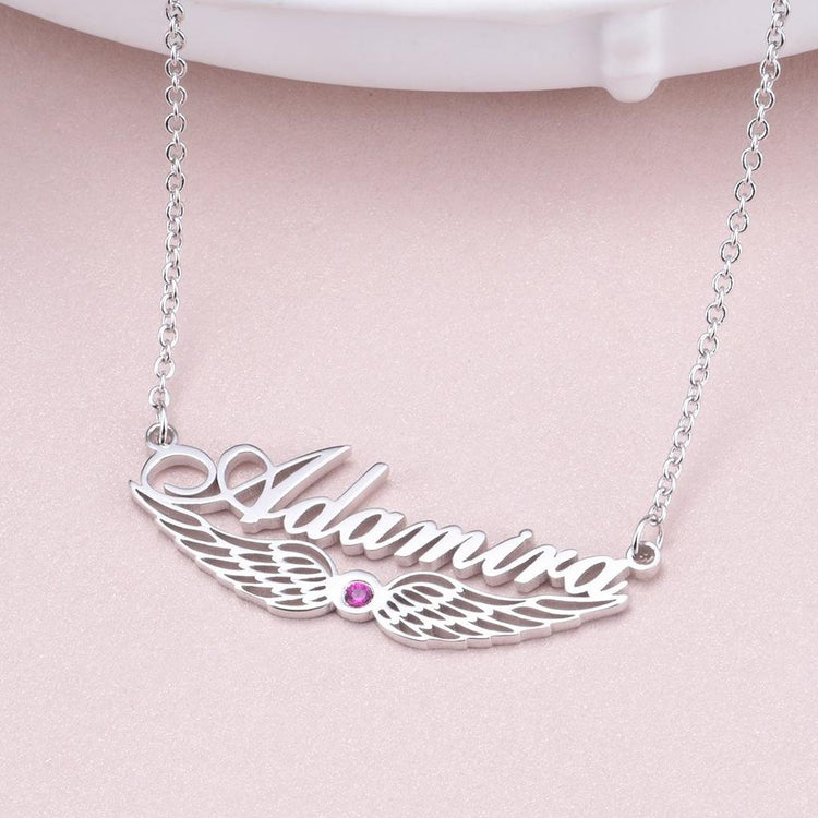 925 Sterling Silver Angel Wings Name Necklace Nameplate Necklace With Birthstone - onlyone