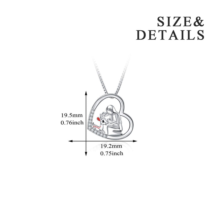 925 Sterling Silver Reindeer and Girl Heart Pendant Necklace