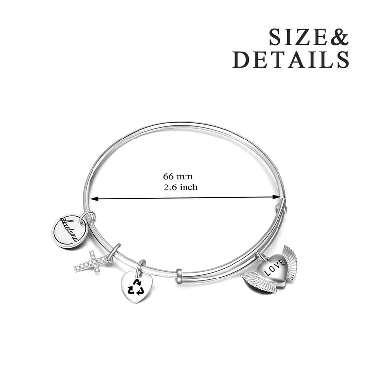 Personalized 925 Sterling Silver Cross And Heart Expandable Bangles Inspirational Gift - onlyone
