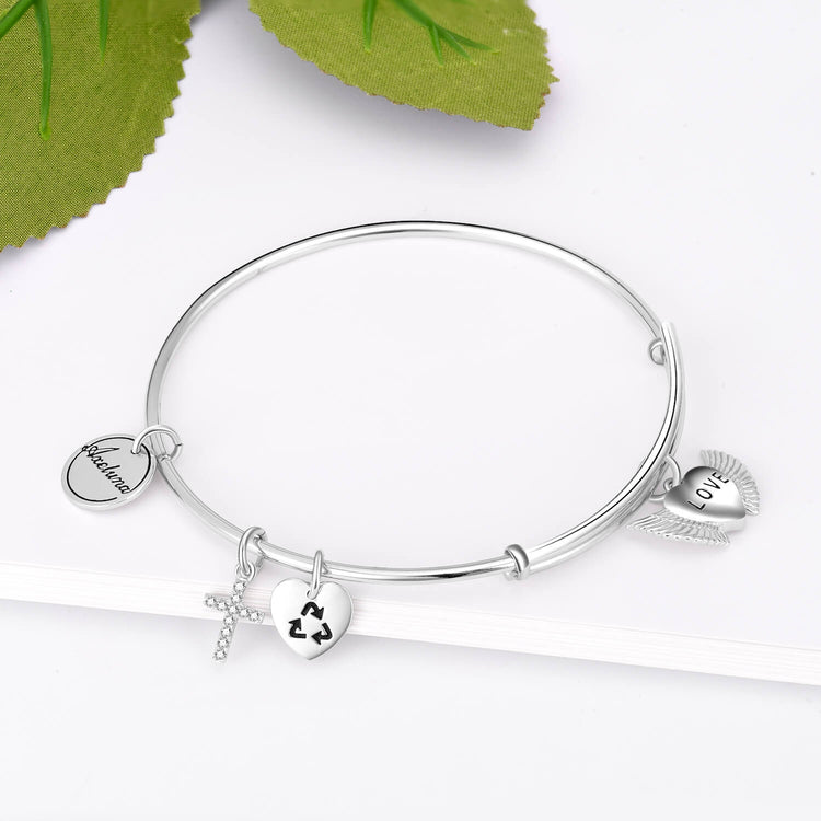 Personalized 925 Sterling Silver Cross And Heart Expandable Bangles Inspirational Gift - onlyone