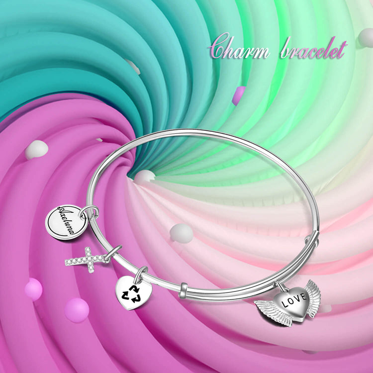 Personalized 925 Sterling Silver Cross And Heart Expandable Bangles Inspirational Gift - onlyone