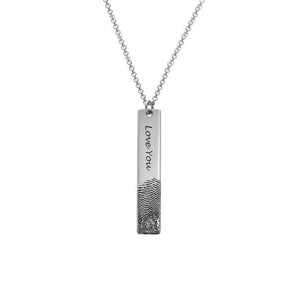 925 Sterling Silver Personalized Engraved Fingerprint Thumbprint Vertical Bar Name Necklace Nameplate Necklace - onlyone