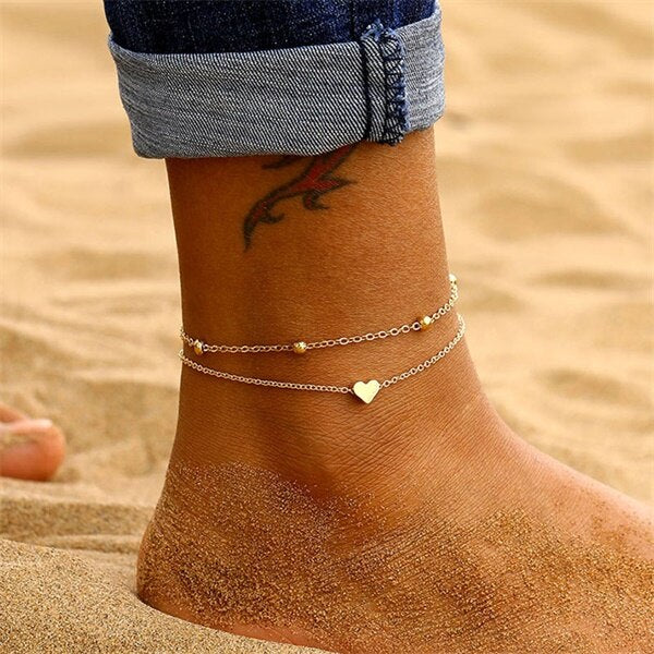 925 Sterling Silver  Double Layer Heart Anklet Set - onlyone