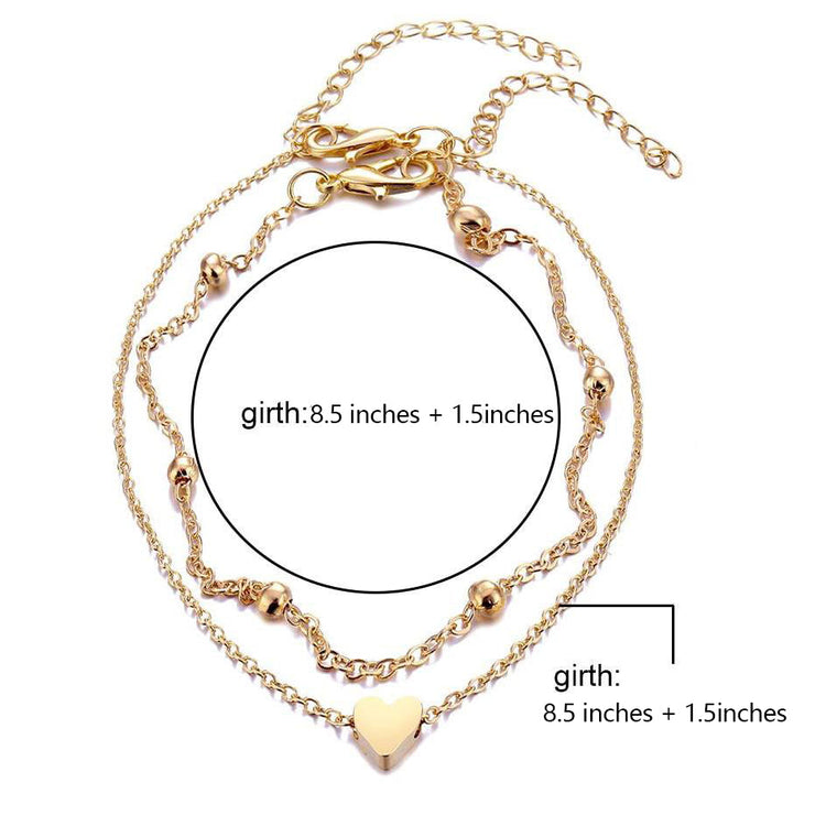 925 Sterling Silver  Double Layer Heart Anklet Bracelet Set