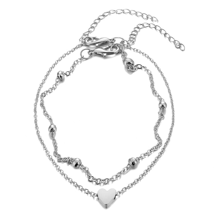 925 Sterling Silver  Double Layer Heart Anklet Set - onlyone