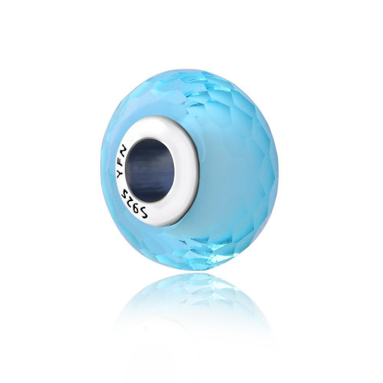925 Sterling Silver Diamond Faced Blue Glass Charm for Bracelet and Necklace - onlyone