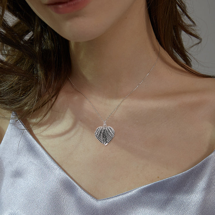925 Sterling Silver Angel Wings Photo Locket Necklace, Retro Style Heart Shape Pendant Necklace - onlyone
