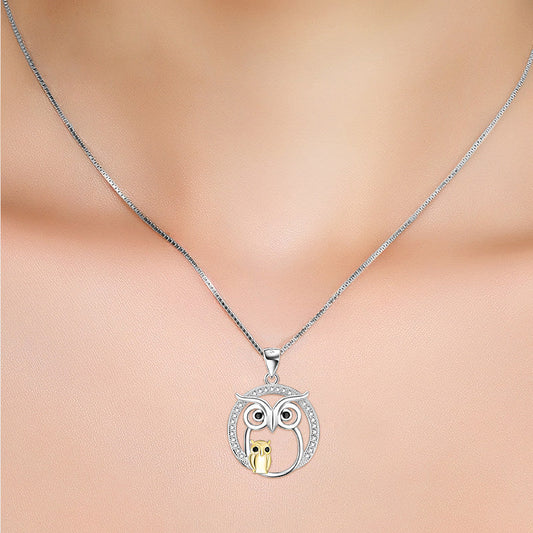 925 Sterling Silver Halloween Owl Mom & Babe Necklace With White Zircon - onlyone