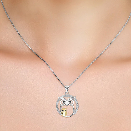925 Sterling Silver Halloween Owl Mom & Babe Necklace With White Zircon - onlyone