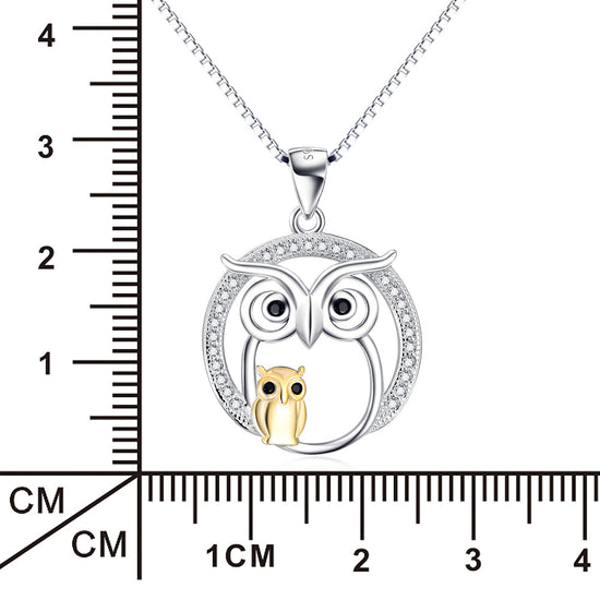925 Sterling Silver Halloween Owl Mom & Babe Necklace With White Zircon - onlyone