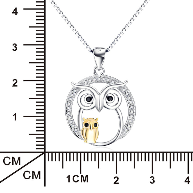 925 Sterling Silver Halloween Owl Mom & Babe Necklace With White Zircon - onlyone