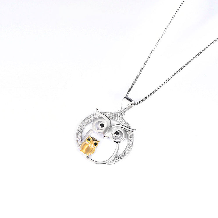 925 Sterling Silver Halloween Owl Mom & Babe Necklace With White Zircon - onlyone