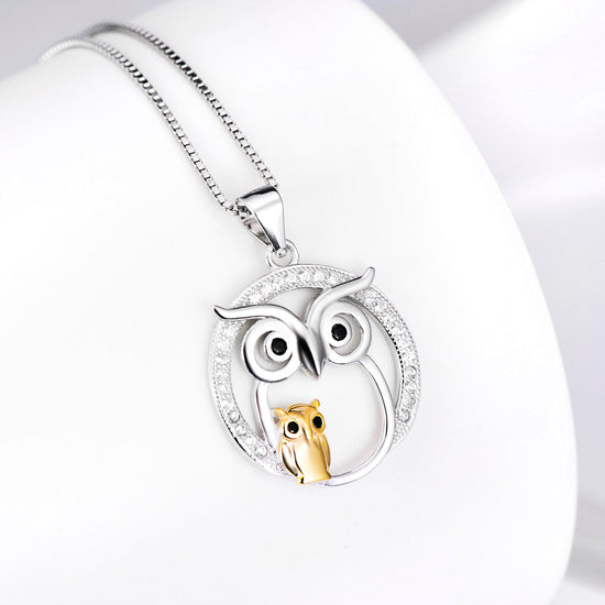 925 Sterling Silver Halloween Owl Mom & Babe Necklace With White Zircon - onlyone