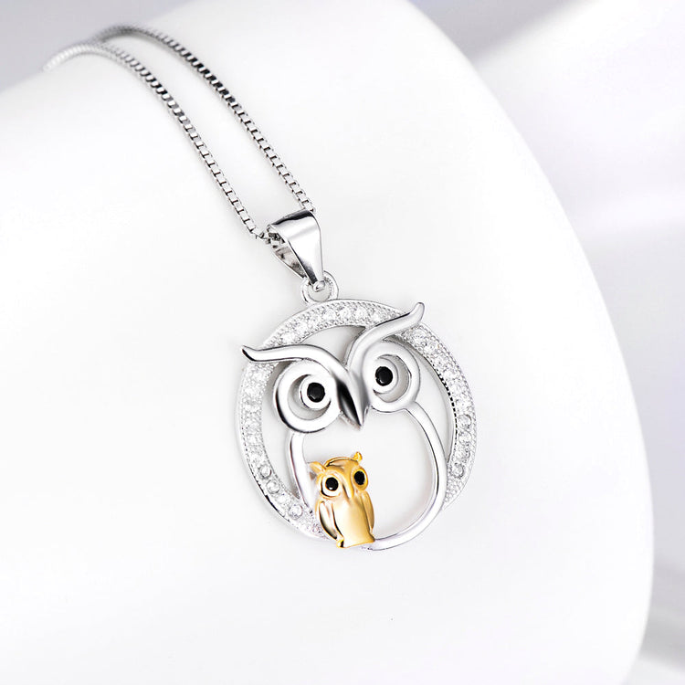 925 Sterling Silver Halloween Owl Mom & Babe Necklace With White Zircon - onlyone