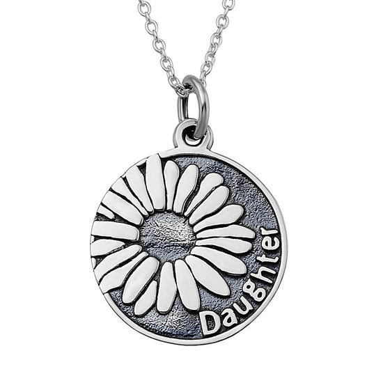 925 Sterling Silver Sunflower and Daughter Retro Round Pendant Necklace - onlyone