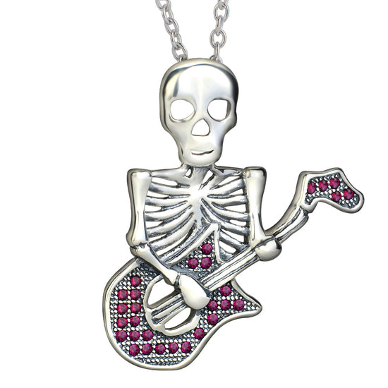 925 Sterling Silver Halloween Guitar Skull Necklace With Red Zircon - onlyone