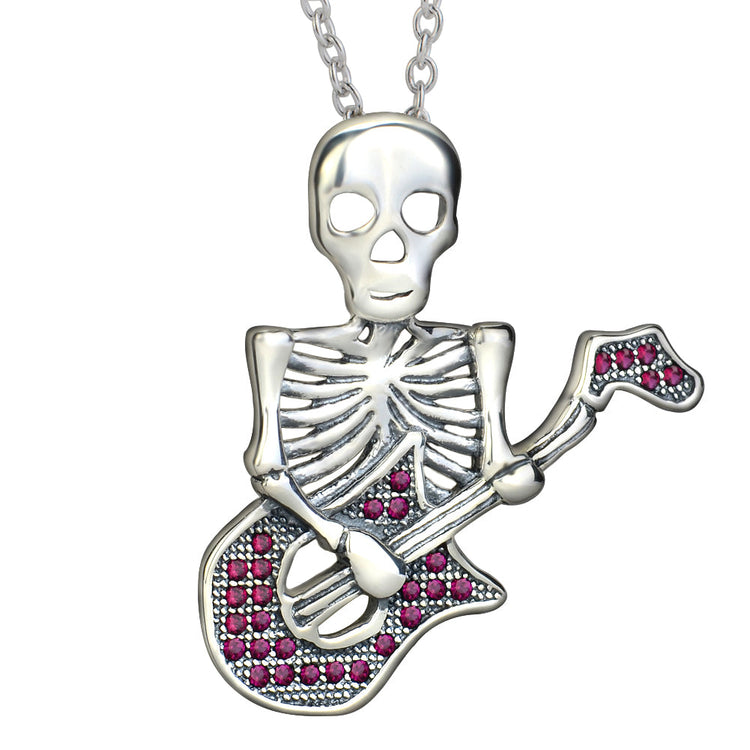 925 Sterling Silver Halloween Guitar Skull Necklace With Red Zircon - onlyone