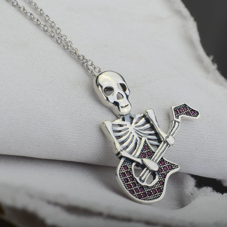 925 Sterling Silver Halloween Guitar Skull Necklace With Red Zircon - onlyone