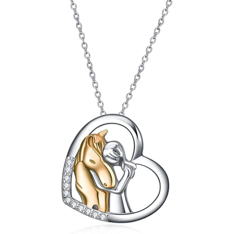 925 Sterling Silver Horse with Girl Heart Pendant Necklace for Girls, Girlfriend, Teens, Women, Daughter