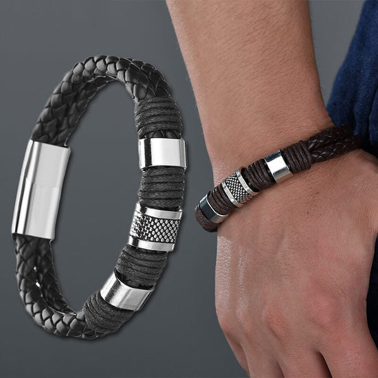 Knit Mens Leather Bracelet Brown Weave Black Punk, Father's Day Bracelet - onlyone