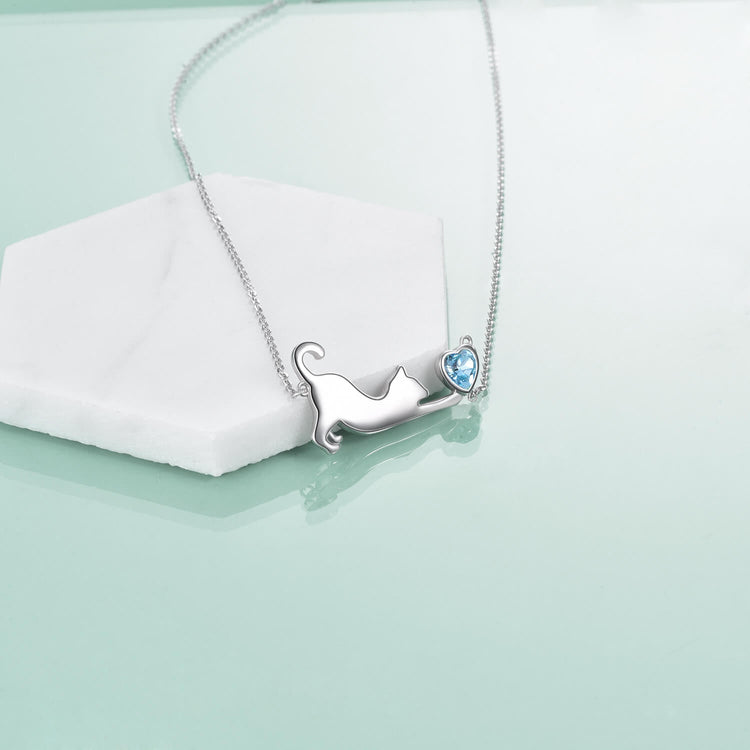 925 Sterling Silver Cat Playing Heart Necklace - onlyone