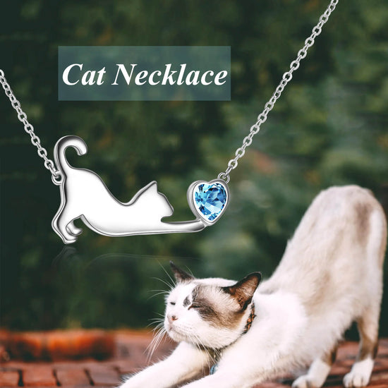 925 Sterling Silver Cat Playing Heart Necklace - onlyone