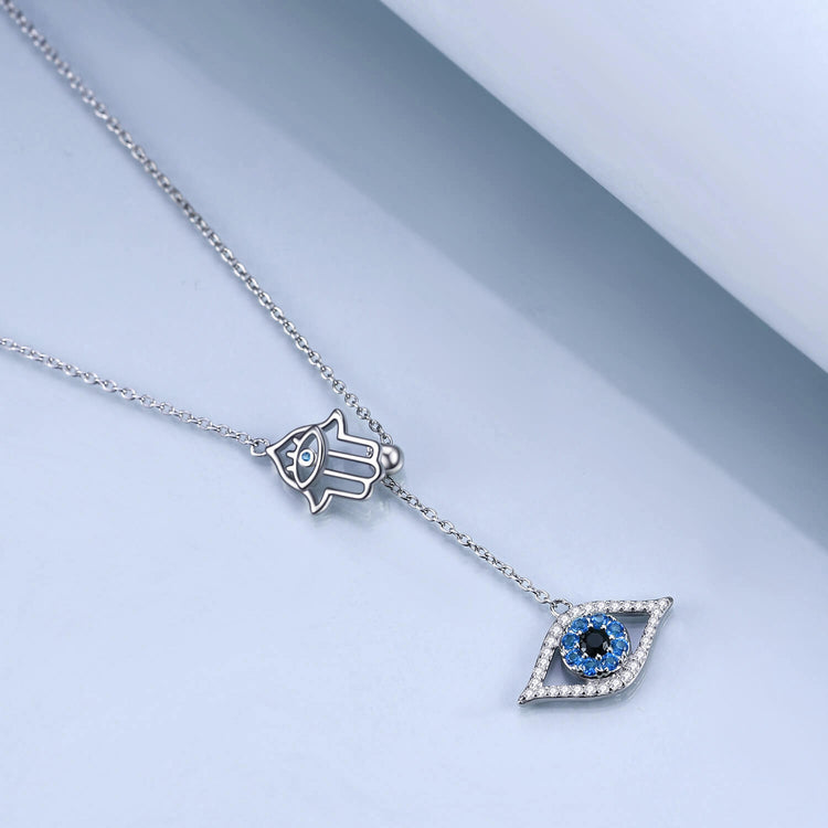 925 Sterling Silver Hamsa Hand Of Fatima With Evil Eye Lariat Necklace