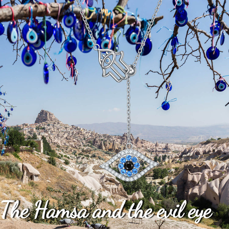925 Sterling Silver Hamsa Hand Of Fatima With Evil Eye Lariat Necklace