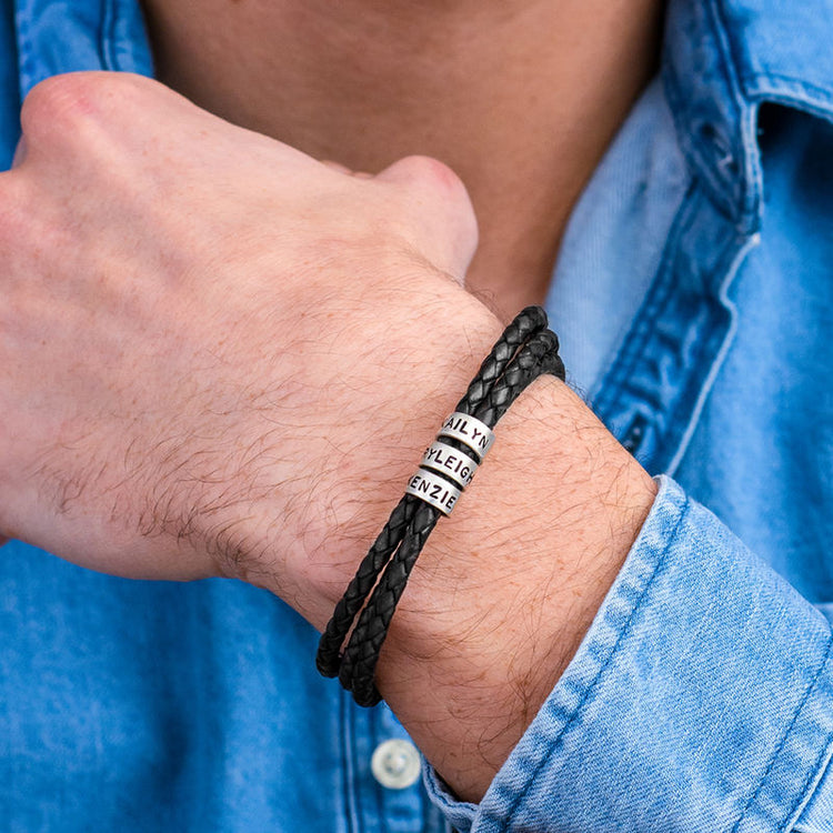 Men‘s Leather Bracelet with 925 Sterling Silver Custom Bead