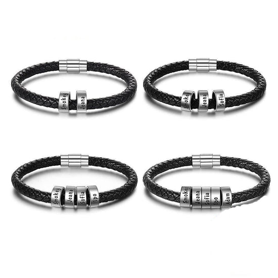 Men's Black Leather Bracelet With 925 Sterling Silver Name Plated Charms, Father's Day Bracelet - onlyone