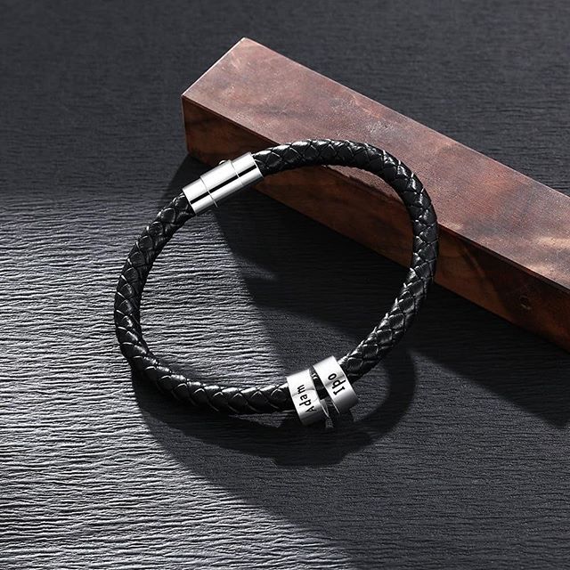 Men's Black Leather Bracelet With 925 Sterling Silver Name Plated Charms, Father's Day Bracelet - onlyone
