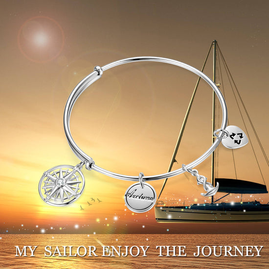 Personalized 925 Sterling Silver Nautical Anchor and Compass Bracelets Expandable Bangles for Women - onlyone