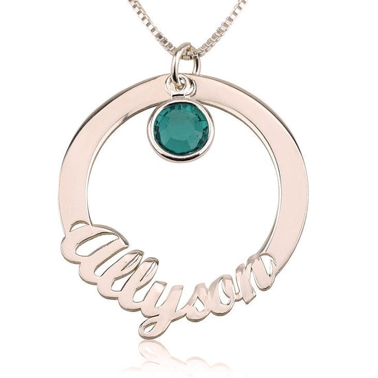 925 Sterling Silver Circle Engraved Name Necklace Nameplate Necklace With Birthstone - onlyone