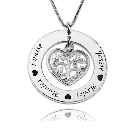 925 Sterling Silver Family Tree Engraved Coin 4 Names Necklace Gift For Grandma - onlyone