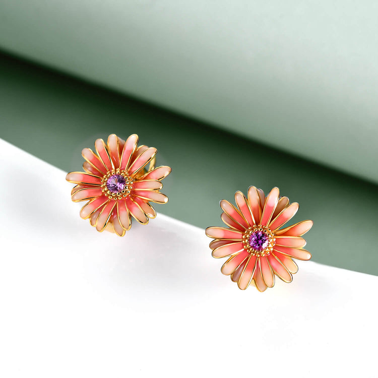 925 Sterling Silver Purple Crystal Chrysanthemum Earrings - onlyone
