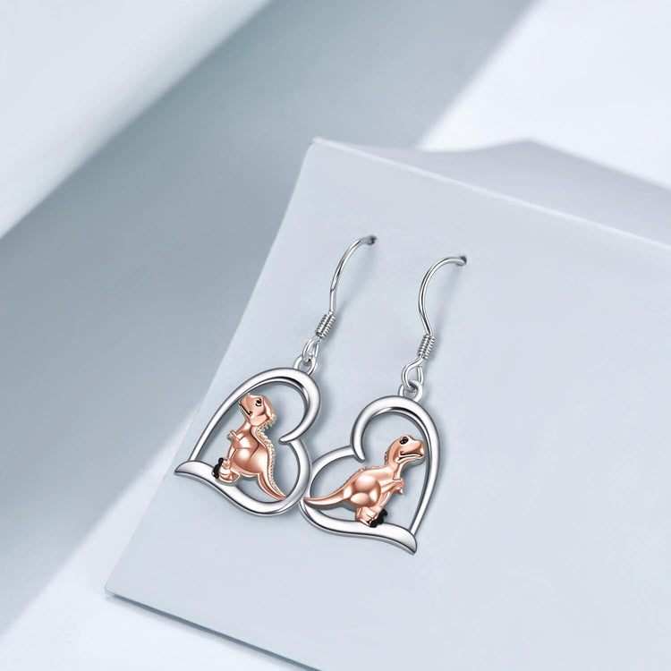 925 Sterling Silver Heart Dinosaur Dangle Drop Earrings