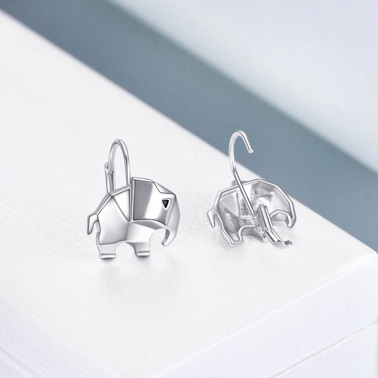 925 Sterling Silver Tiny Geometric 3D Origami Good Luck Wise Elephant Earrings