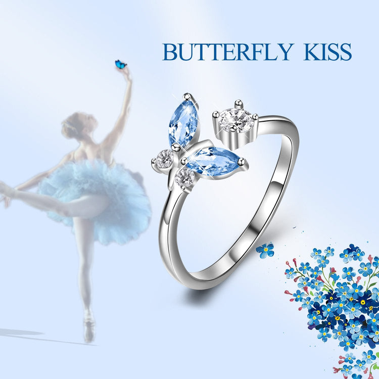925 Sterling Silver Butterfly Blue Crystal Ring - onlyone