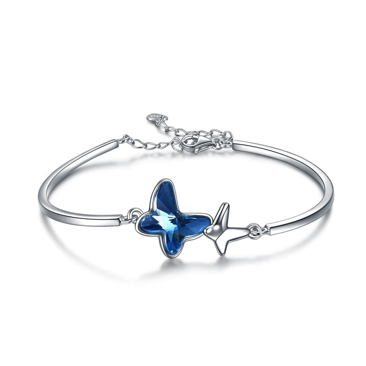 925 Sterling Silver Blue Butterfly Swarovski Crystal Bangle Bracelet Birthday Gift for Women Girls - onlyone