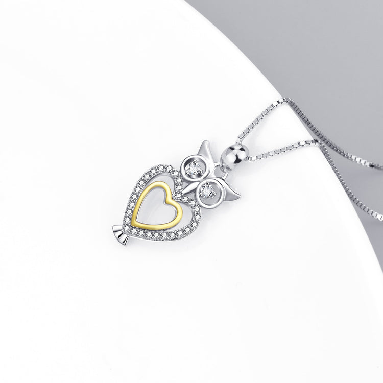 925 Sterling Silver Cute Halloween Heart Owl Necklace With White Zircon - onlyone