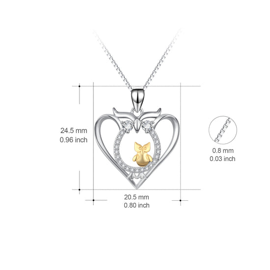 925 Sterling Silver Halloween Heart Owl Mom & Baby Necklace With White Zircon - onlyone