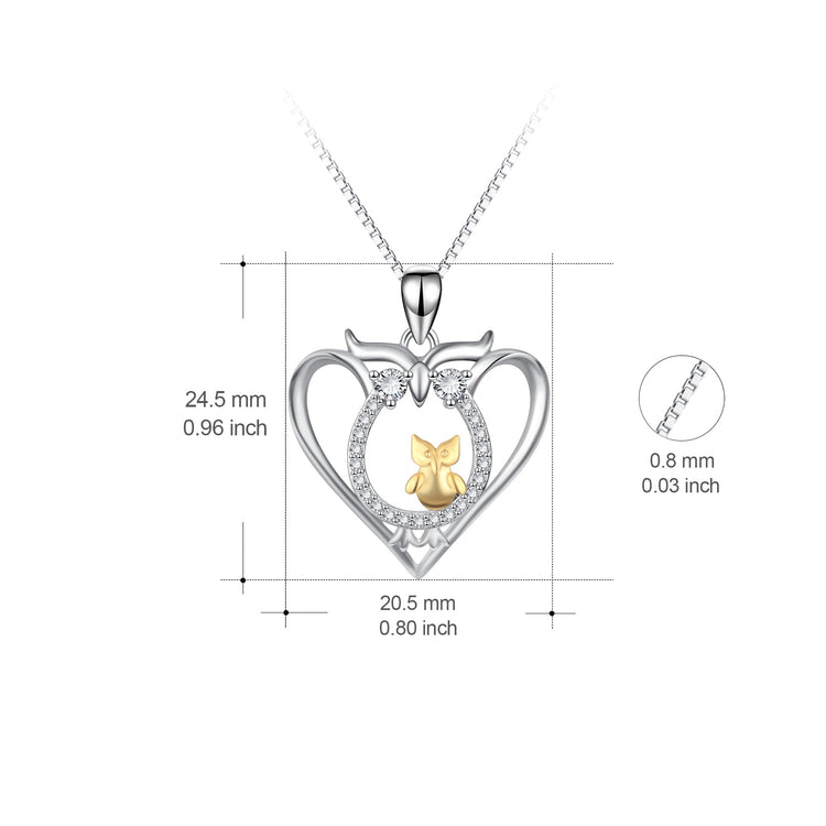 925 Sterling Silver Halloween Heart Owl Mom & Baby Necklace With White Zircon - onlyone