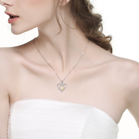 925 Sterling Silver Halloween Heart Owl Mom & Baby Necklace With White Zircon - onlyone