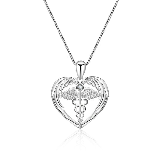 925 Sterling Silver Caduceus Angel Nursing Themed Pendant Necklace - onlyone