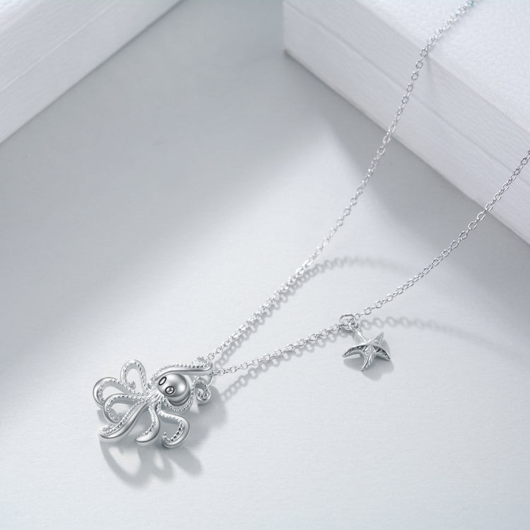 925 Sterling Silver Octopus And Starfish Necklace - onlyone