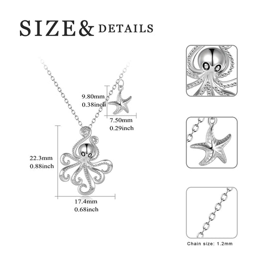 925 Sterling Silver Octopus And Starfish Necklace - onlyone