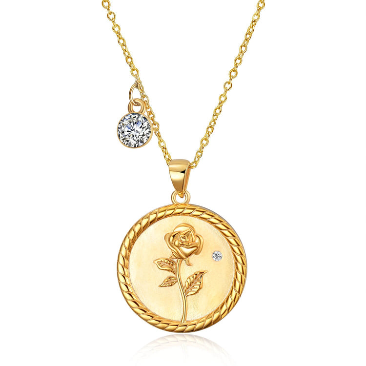 925 Sterling Silver Rose Coin Pendant Necklace With Cubic Zircon - onlyone