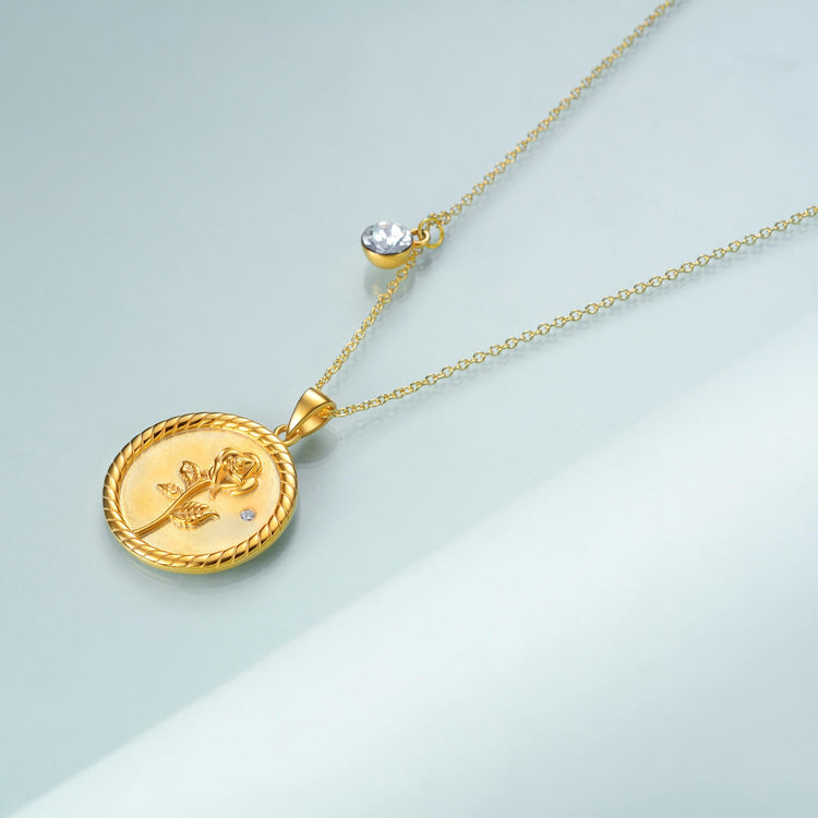 925 Sterling Silver Rose Coin Pendant Necklace With Cubic Zircon - onlyone