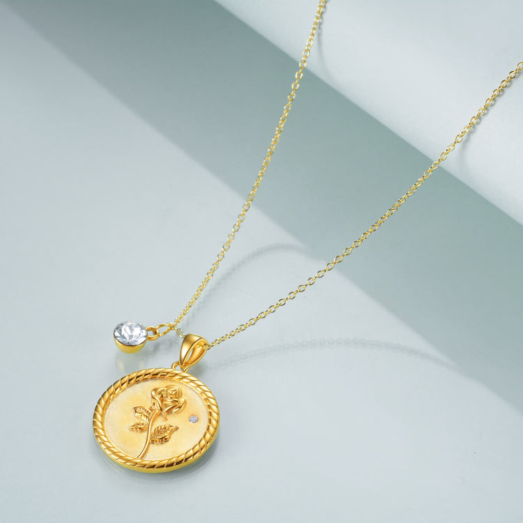 925 Sterling Silver Rose Coin Pendant Necklace With Cubic Zircon - onlyone