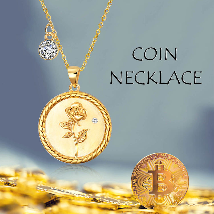 925 Sterling Silver Rose Coin Pendant Necklace With Cubic Zircon - onlyone